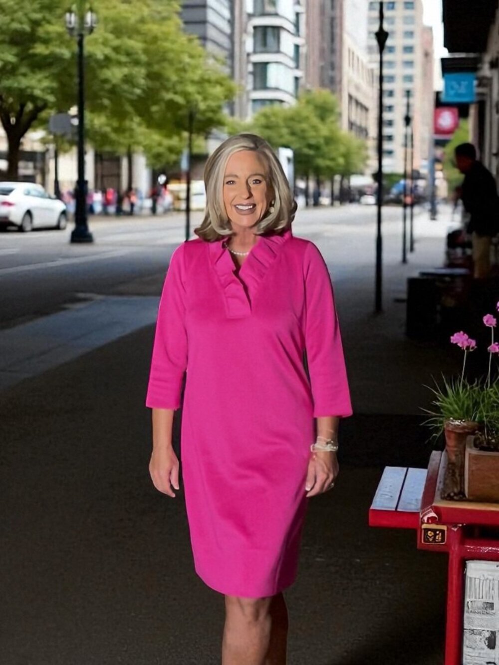 Gretchen Scott Ruffle Neck Dress - Hot Pink